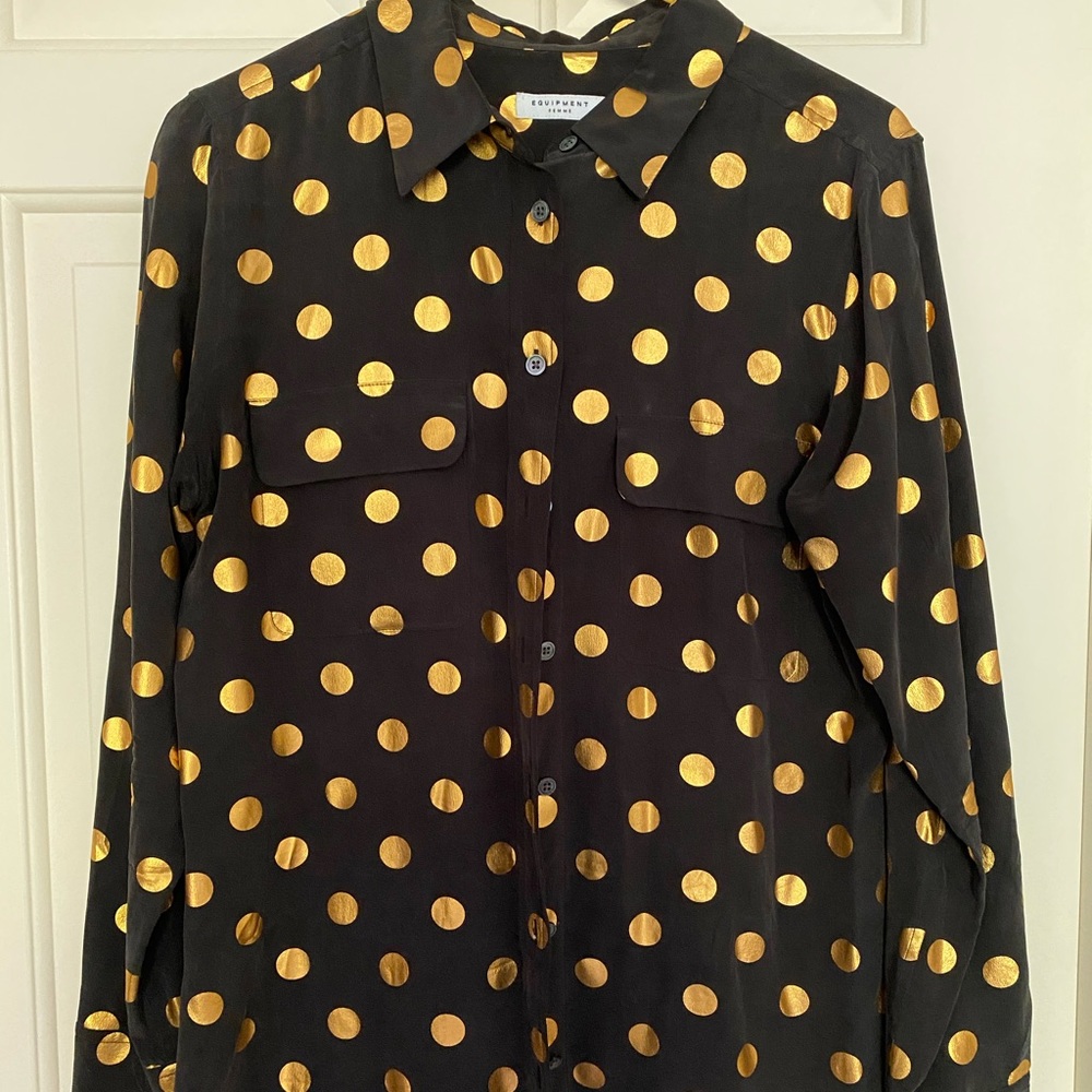 Equipment silk metallic polka dot button-up blouse